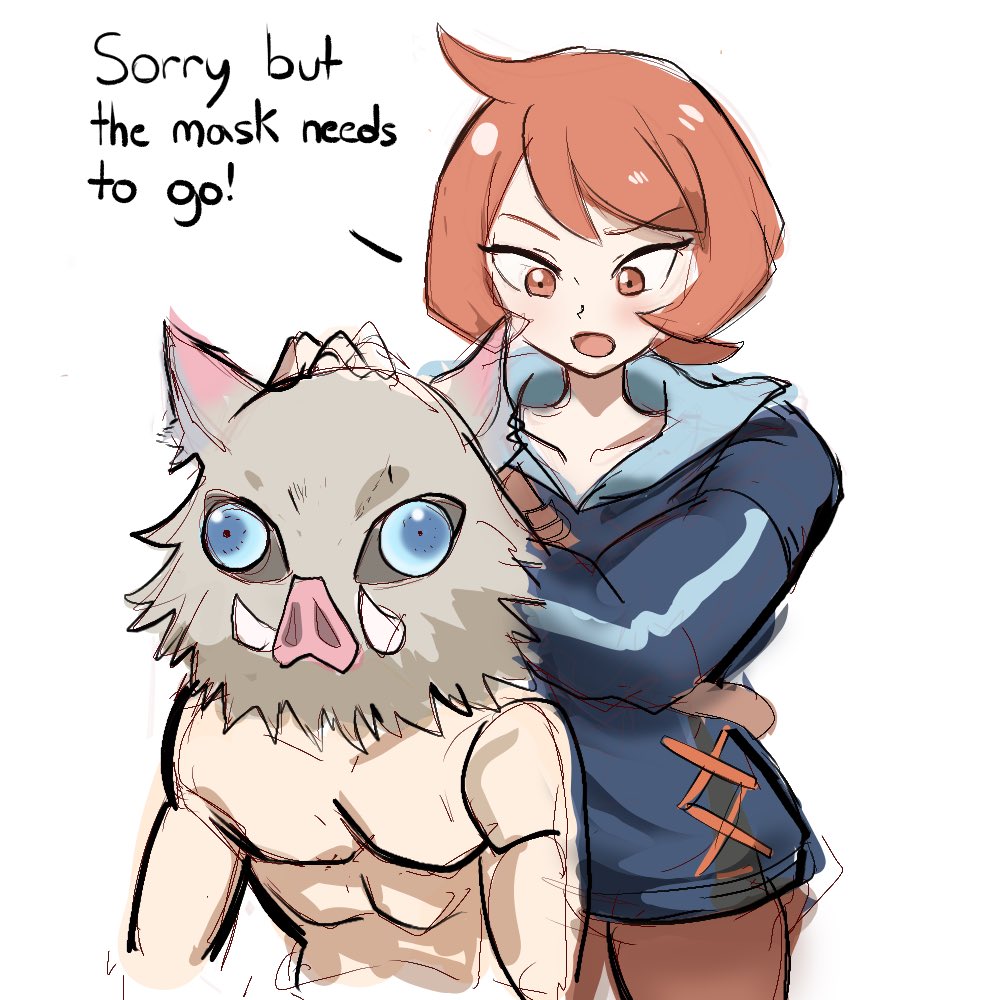 1boy, 1girl, ahoge, arezu_(pokemon), boar_mask, crossover, english_text, hashibira_inosuke