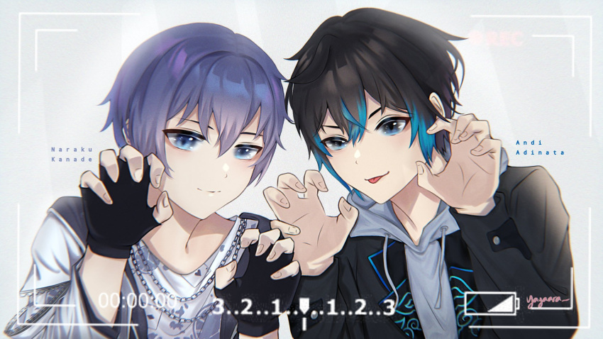 2boys, andi_adinata, black_hair, blue_eyes, blue_hair, character_name, highres, looking_at_viewer