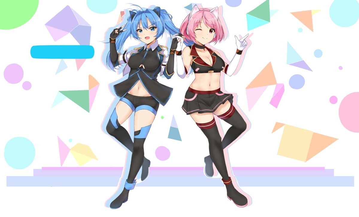 2girls, animal_ears, back-to-back, blue_eyes, blue_hair, breasts, cat_ear_headphones, cat_ears, crop_top, fake_animal_ears, headphones, large_breasts, long_hair, looking_at_viewer, maha5, midriff, multiple_girls, nana_aruna, nanarika, navel, official_art, one_eye_closed, pale_skin, pink_eyes, pink_hair, short_hair, thick_thighs, thigh-highs, thighs, twintails, utami_rika