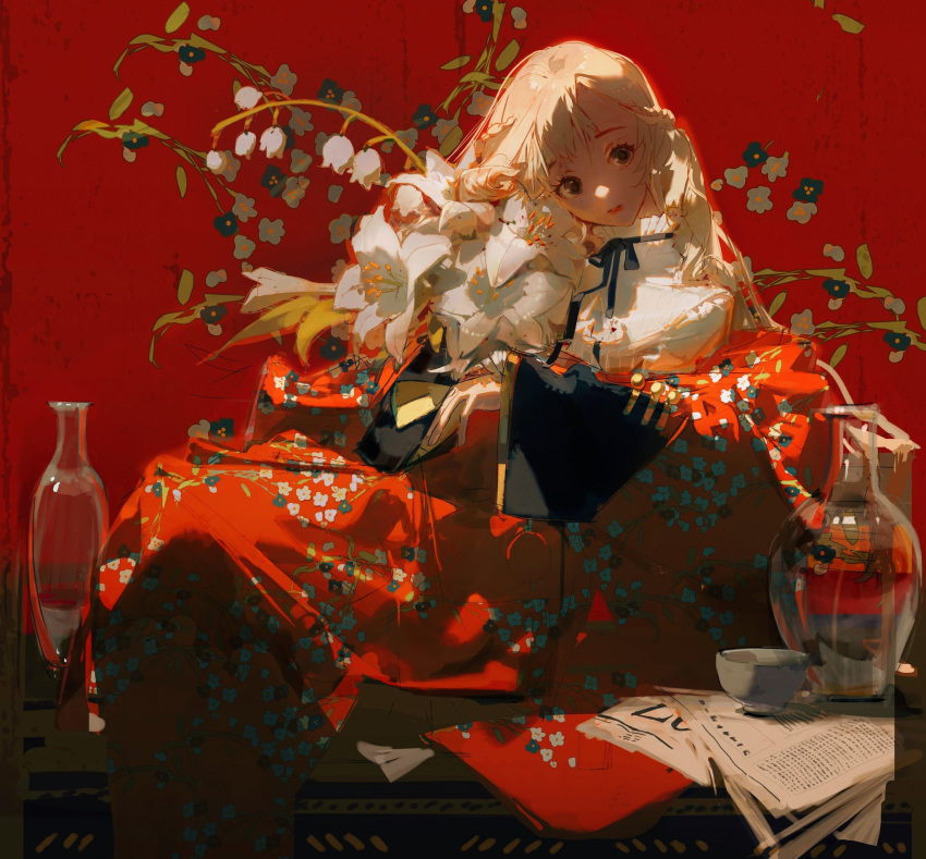 1girl, asymmetrical_bangs, bangs, black_ribbon, blonde_hair, bottle, brown_eyes, character_request