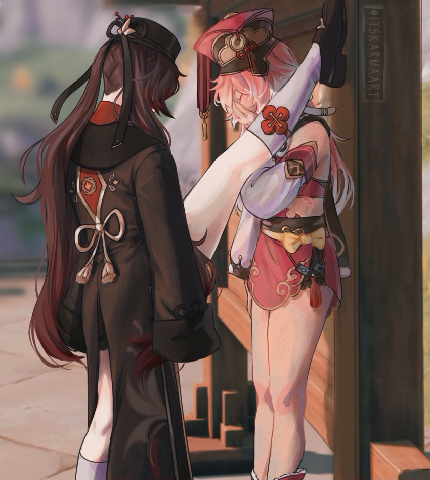 2girls, artist_name, bare_legs, black_headwear, blurry, blurry_background, blush, brown_coat, brown_hair, brown_headwear, closed_eyes, coat, commentary, covering_face, day, detached_sleeves, english_commentary, foot_against_wall, genshin_impact, highres, hu_tao_(genshin_impact), japanese_clothes, kabedon, kimono, kneehighs, leg_up, long_hair, long_sleeves, multiple_girls, n0carmenkarm, n0carmenkarma, outdoors, pink_headwear, pink_kimono, sleeveless, sleeveless_kimono, sleeves_past_fingers, sleeves_past_wrists, split, standing, standing_on_one_leg, standing_split, tassel, twintails, white_legwear, white_sleeves, yanfei_(genshin_impact), yuri