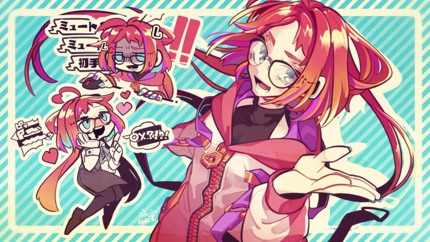 1girl, blonde_hair, blue_eyes, blue_hair, blush, glasses, highres, hood, hoodie, long_sleeves, looking_at_viewer, maha5, maha5japan, multicolored_hair, nail_polish, nicolas_xwx, orange_hair, pale_skin, purple_hair, redhead, ryouryouno_ryou, solo