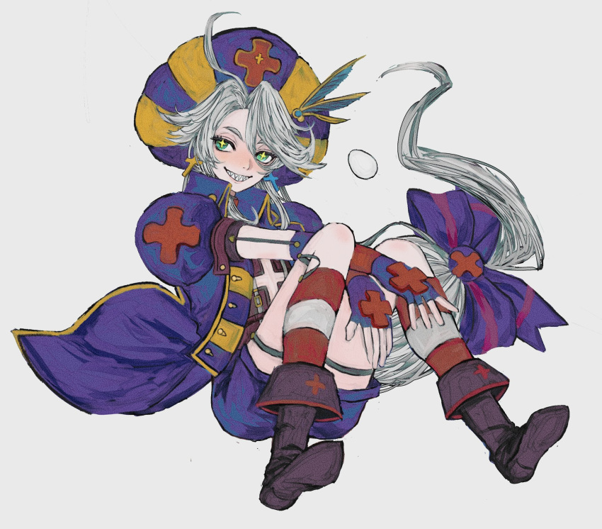 1boy, ahoge, bangs, christopher-kun_(fate), christopher_columbus_(fate), commentary_request, egg, fate/grand_order, fate_(series), fingerless_gloves, gloves, green_eyes, grey_hair, hat, highres, jewelry, knijla9geho6aoi, long_hair, looking_at_viewer, male_focus, open_mouth, silver_hair, smile, solo, sparkling_eyes, teeth, white_hair, younger