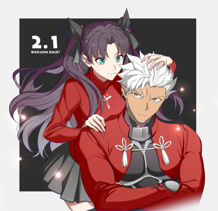 1boy, 1girl, archer_(fate), black_hair, black_legwear, commentary_request, dark-skinned_male, dark_skin, emya, fate/stay_night, fate_(series), green_eyes, hair_ribbon, highres, long_hair, long_sleeves, ribbon, short_hair, skirt, smile, thigh-highs, tohsaka_rin, twintails, two_side_up, white_hair