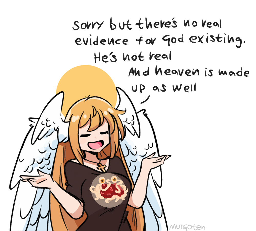 1girl, angel, angel_wings, artist_name, atheism, blasphemy, closed_eyes, cross, english_commentary, english_text, flying_spaghetti_monster, head_wings, jewelry, long_hair, murgoten, necklace, open_mouth, original, shrugging, solo, very_long_hair, wings, yellow_eyes