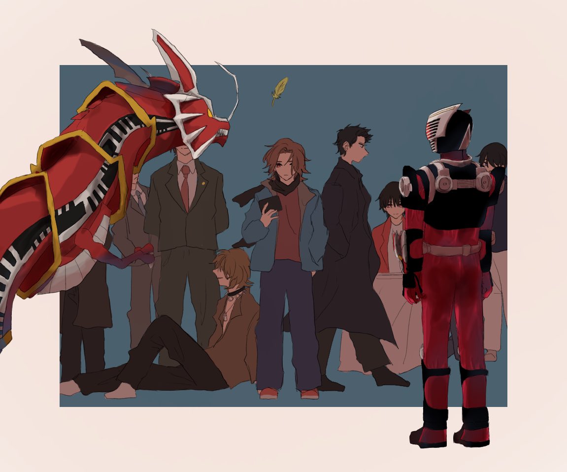 akiyama_ren, anniversary, armor, asakura_takeshi, back, black_footwear, black_pants, blonde_hair, blue_jacket, bodysuit, dragon, eastern_dragon, everyone, formal, green_jacket, green_pants, grey_jacket, grey_pants, hands_in_pockets, hidden_face, jacket, kaede_1402, kamen_rider, kamen_rider_ryuki, kamen_rider_ryuki_(series), kidou_shinji, kitaoka_shuichi, long_coat, multiple_boys, necktie, pants, red_footwear, red_necktie, sano_mitsuru, simple_background, sitting, spiky_hair, sudou_masashi, takamizawa_itsurou, tezuka_miyuki, toujou_satoru, walking, walking_away, white_background, white_pants, yura_goro