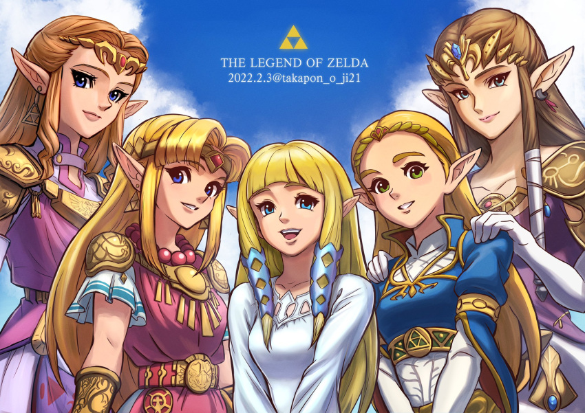 5girls, bangs, blonde_hair, blue_eyes, blue_jacket, blunt_bangs, bow, breasts