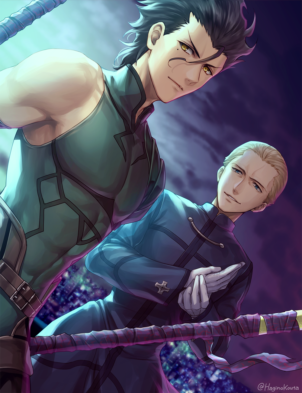 2boys, ahoge, armor, black_hair, blonde_hair, blue_eyes, diarmuid_ua_duibhne_(lancer)_(fate), diarmuid_ua_duibhne_(saber)_(fate)