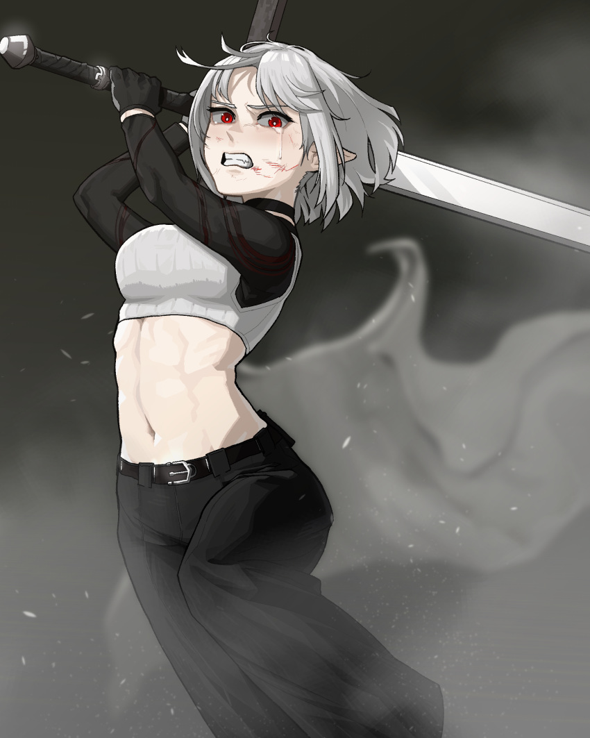 1girl, absurdres, arms_up, belt, belt_buckle, black_choker, black_gloves, buckle, choker, clenched_teeth, crying, crying_with_eyes_open, dust_cloud, gloves, grey_hair, grey_pupils, highres, holding, holding_sword, holding_weapon, incoming_attack, injury, insact9704, light_particles, medium_hair, midriff, navel, original, pointy_ears, red_eyes, rooh_(insact), rusellunt, scratches, solo, sword, tears, teeth, toned, weapon, zweihander