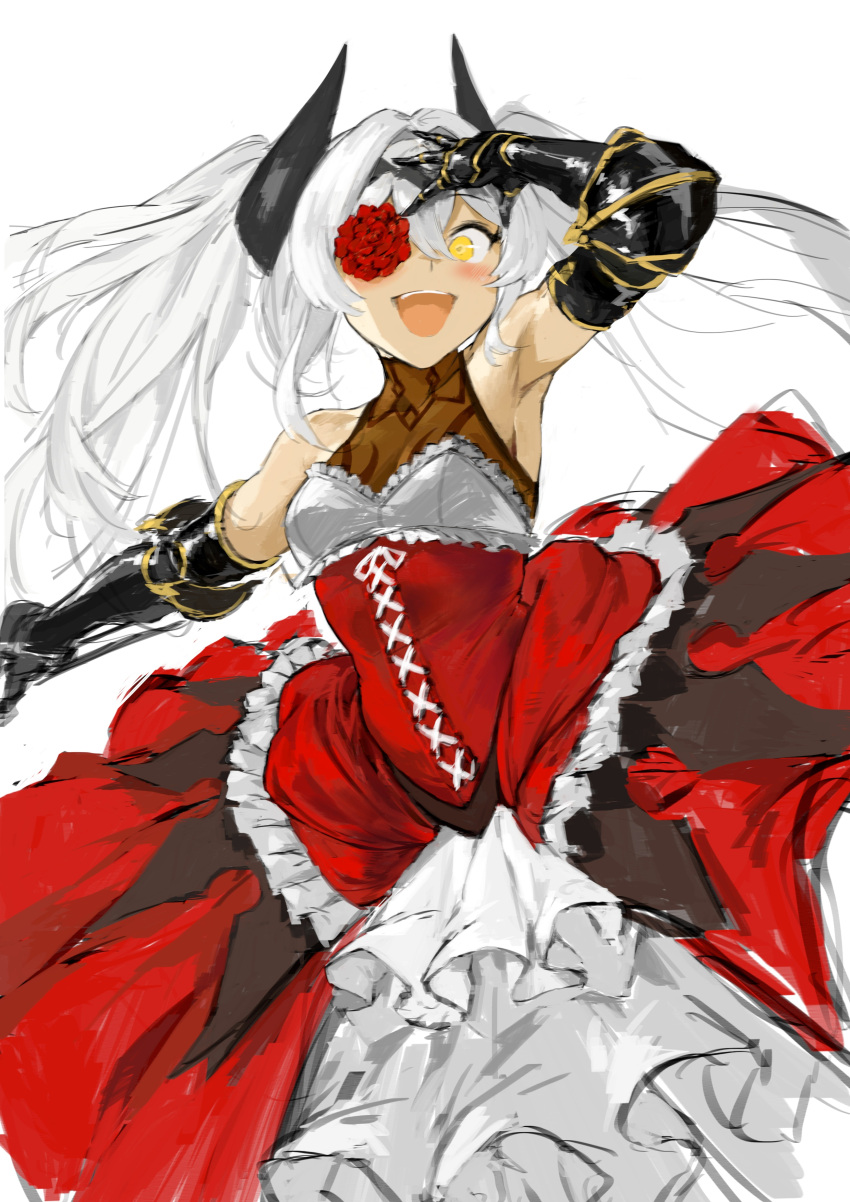 1girl, absurdres, armpits, cyclops_princess_(last_origin), dress, gauntlets, gothic_lolita, hair_between_eyes