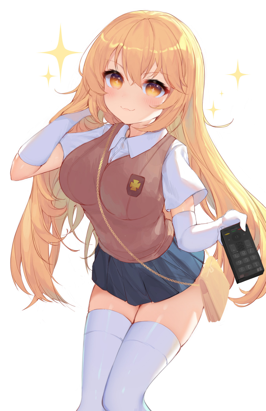 +_+, 1girl, beige_vest, blonde_hair, breasts, closed_mouth, collared_shirt, controller, elbow_gloves, feet_out_of_frame, gloves, highres, holding, holding_remote_control, large_breasts, long_hair, microskirt, remote_control, school_uniform, shirt, shokuhou_misaki, short_sleeves, skindentation, skirt, smile, solo, thigh-highs, toaru_kagaku_no_railgun, toaru_majutsu_no_index, topu, v-shaped_eyebrows, very_long_hair, white_gloves, white_legwear, white_shirt, yellow_eyes