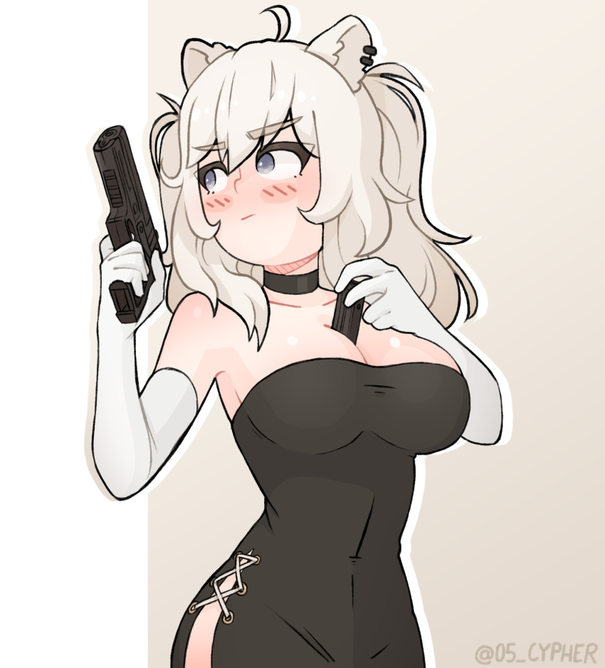 1girl, alternate_costume, ammunition, animal_ears, black_dress, blue_eyes, blush, cypher_05