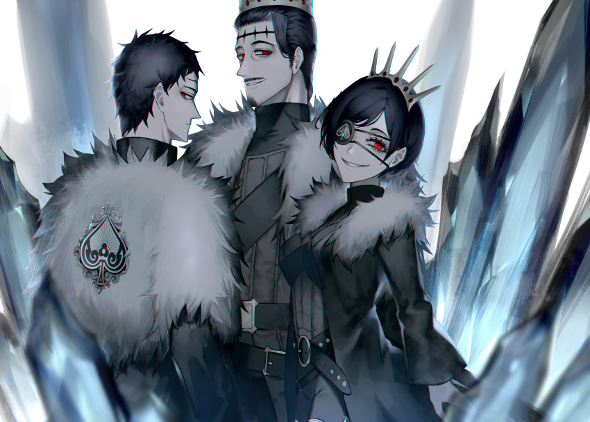 1girl, 2boys, absurdres, bangs, belt, belt_buckle, black_belt, black_clover