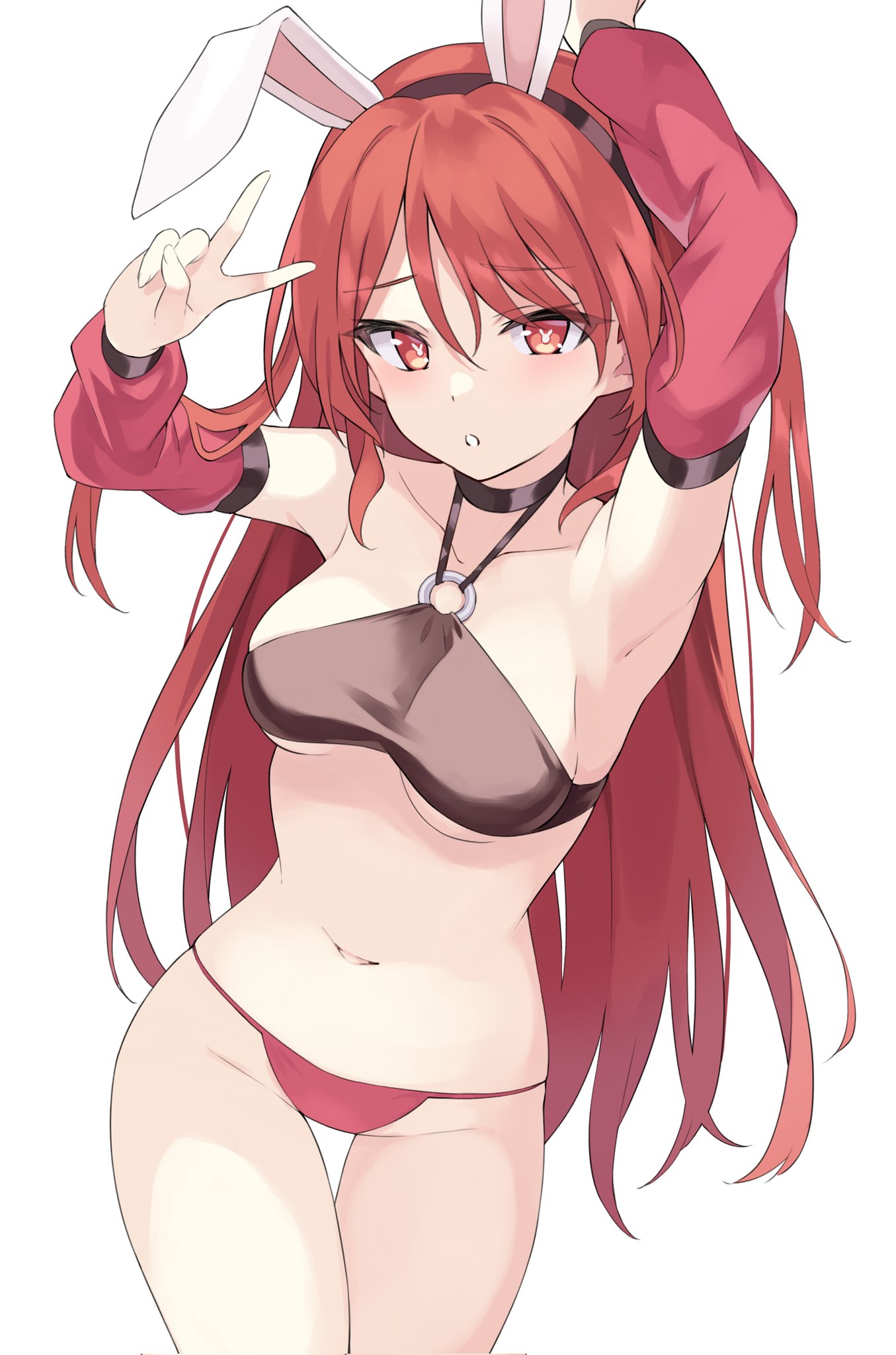 100, 1girl, animal_ears, armpits, arms_up, bare_shoulders, bikini, black_bikini