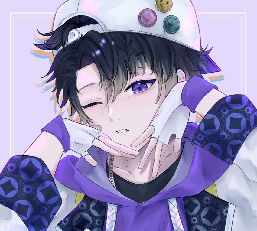 1boy, black_hair, blush, chain_necklace, fingerless_gloves, gloves, hat, highres