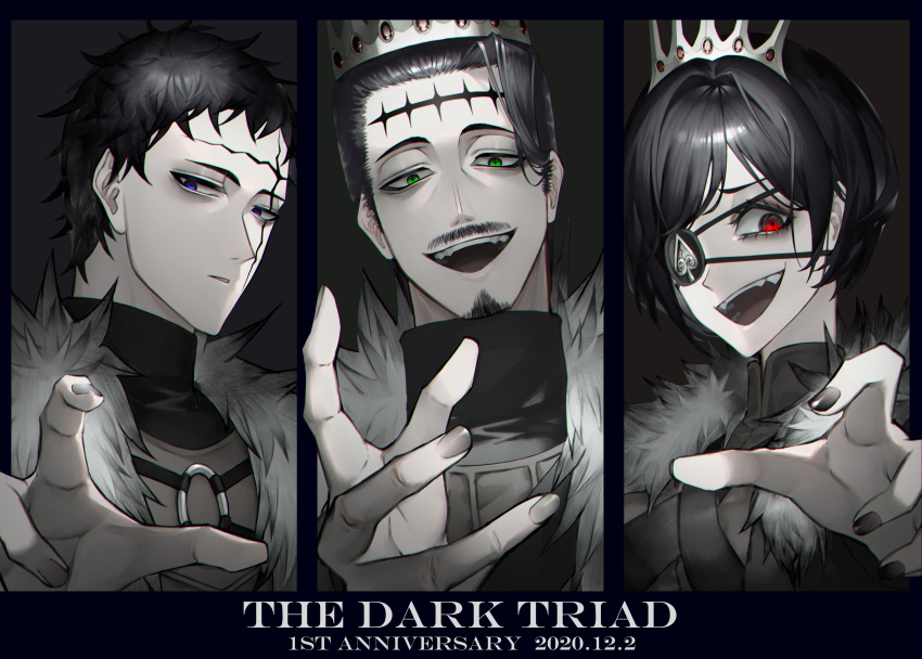 1girl, 2boys, absurdres, anniversary, bangs, black_border, black_clover, black_hair