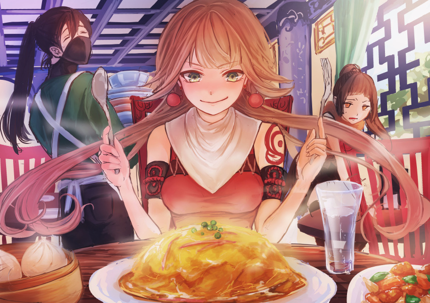 1boy, 2girls, absurdres, chinese_clothes, commentary_request, cooking, food, food_focus