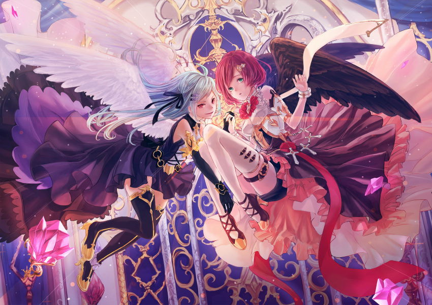 absurdres, angel, angel_wings, commentary_request, flying, frills, green_eyes, highres