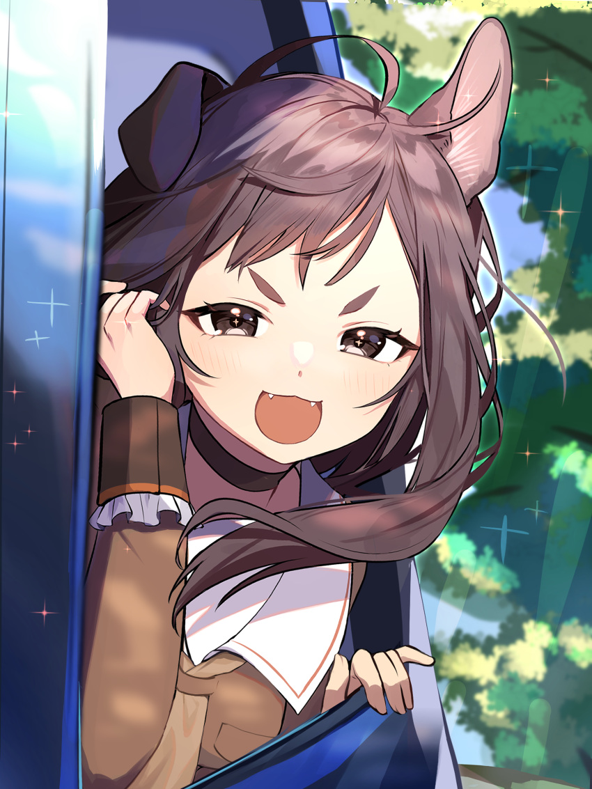 1girl, animal_ears, arisuke_gnsn, brown_eyes, brown_hair, car, commission, commissioner_upload, dog_ears, dog_girl, ground_vehicle, hair_ornament, highres, inukai_purin, long_hair, military, military_uniform, motor_vehicle, skeb_commission, smile, tsunderia, uniform, virtual_youtuber