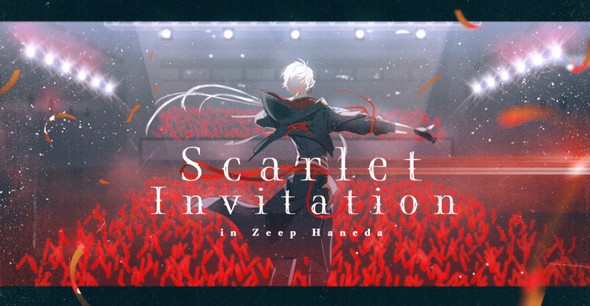 1boy, 6+others, aio_desu, black_gloves, confetti, crowd, diffraction_spikes, english_text