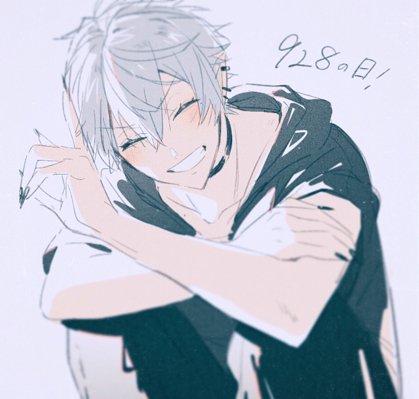 1boy, aio_desu, black_choker, black_hoodie, blush, choker, closed_eyes, collarbone