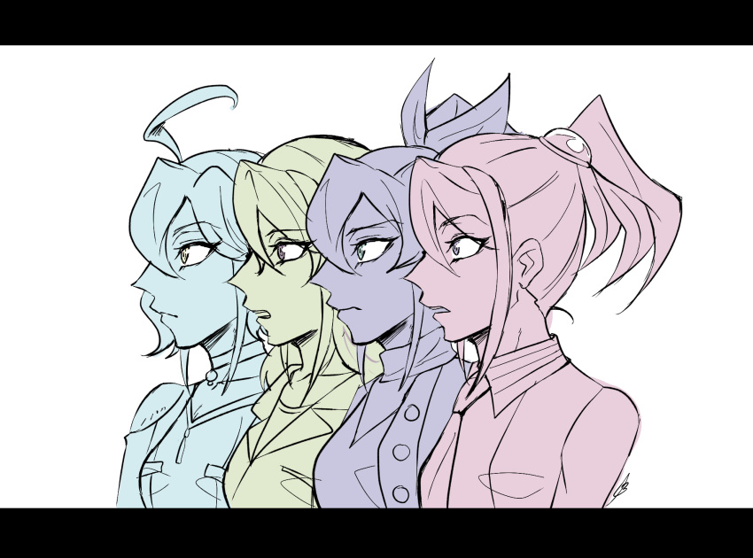4girls, :d, ahoge, belt, blue_hair, bow, bracelet_girls, choker