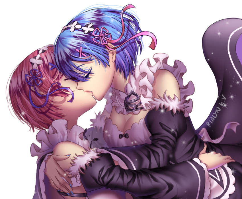 2girls, apron, bare_shoulders, black_dress, blue_hair, breasts, cleavage, cleavage_cutout