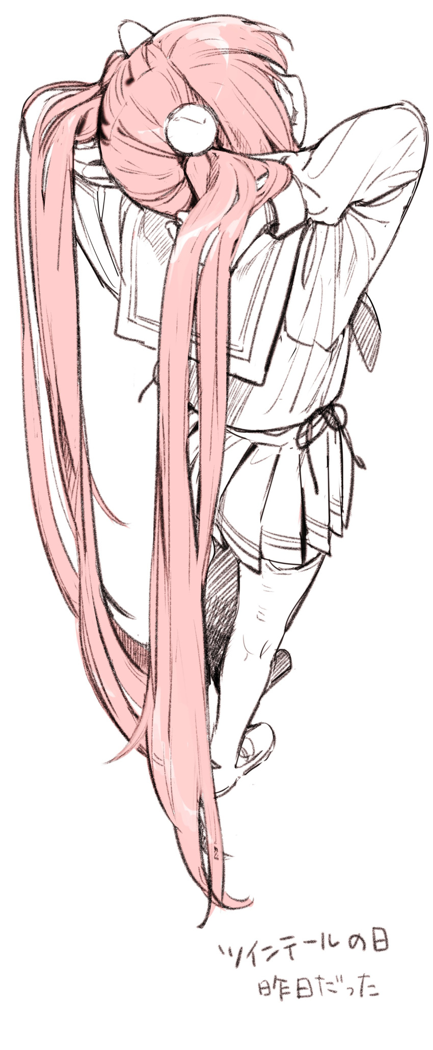 1girl, absurdres, arms_up, character_request, copyright_request, from_above, from_behind, full_body, fuyuno_kamome, highres, loafers, long_hair, long_sleeves, miniskirt, monochrome, pink_hair, pleated_skirt, sailor_collar, school_uniform, shoes, simple_background, sketch, skirt, solo, spot_color, standing, translation_request, twintails, very_long_hair, white_background