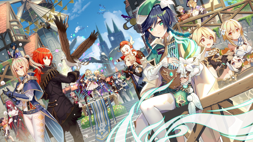 6+boys, 6+girls, aether_(genshin_impact), ahoge, akusema, albedo_(genshin_impact), amber_(genshin_impact), animal_ears