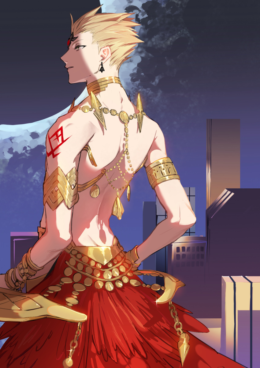 1boy, armlet, armor, blonde_hair, bracelet, commentary_request, earrings, fate/grand_order, fate_(series), feet_out_of_frame, gilgamesh_(fate), highres, jewelry, koyashi_(mmmuma), male_focus, nebuchadenezzar_(fate), necklace, official_alternate_costume, open_mouth, red_eyes, revealing_clothes, short_hair, solo, toned