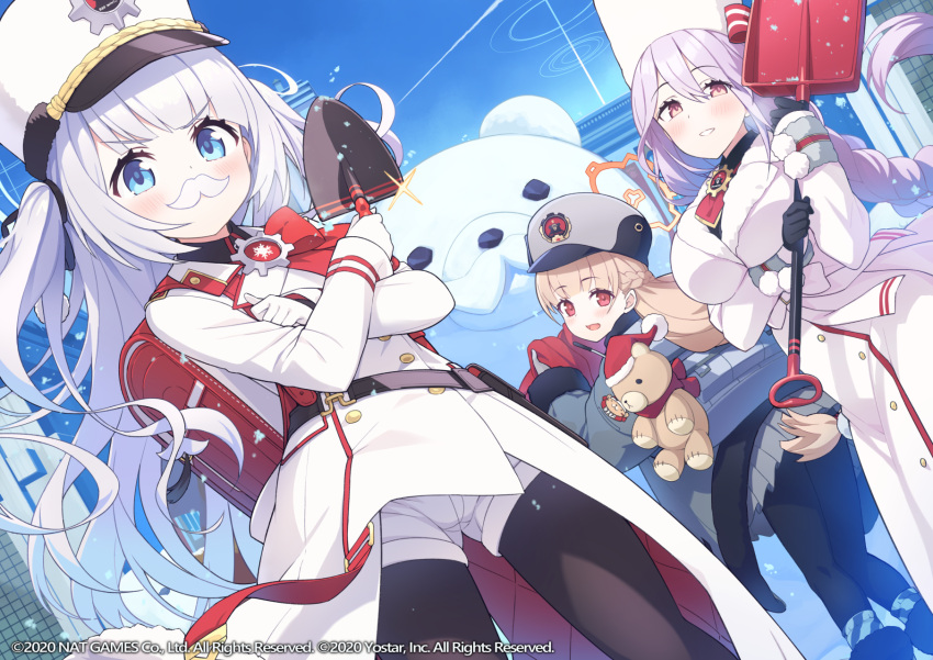3girls, blonde_hair, blue_archive, blue_eyes, blush, breasts, cherino_(blue_archive), commentary_request