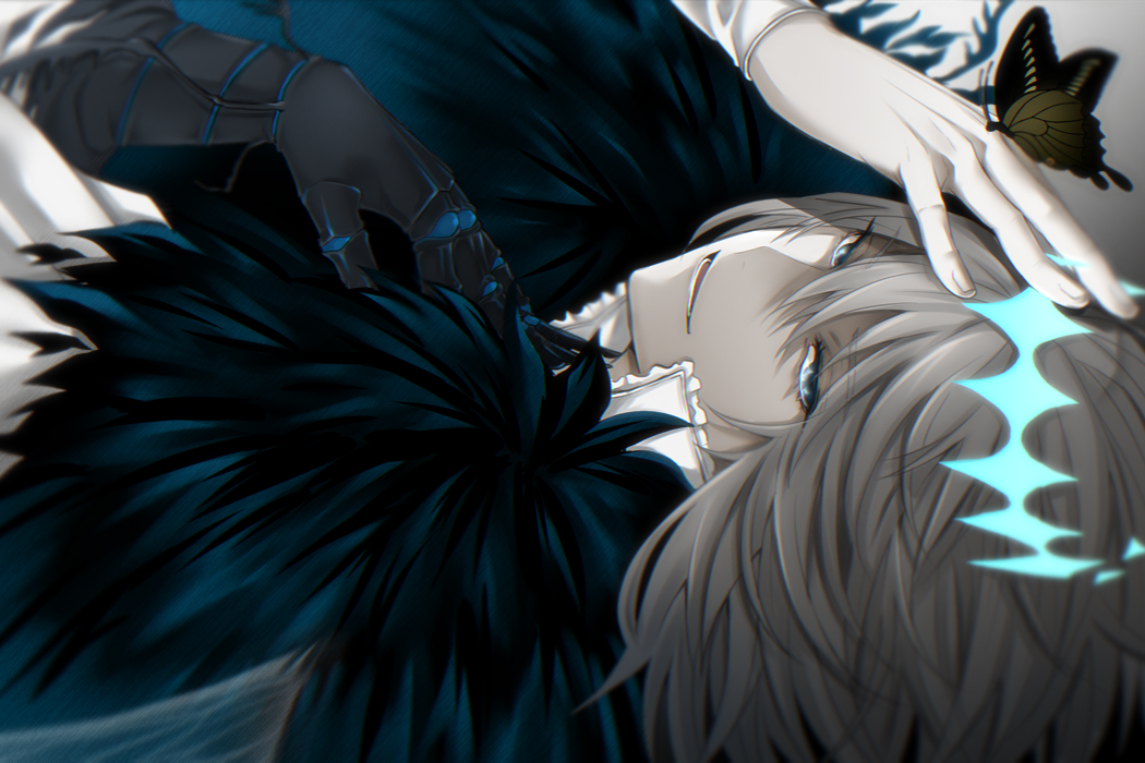 1boy, arthropod_boy, bangs, blue_eyes, cape, commentary_request, crown, diamond_hairband