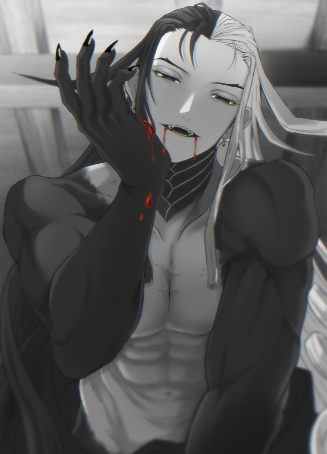 1boy, ashiya_douman_(fate), asymmetrical_hair, black_eyes, black_gloves, black_hair, commentary_request, earrings