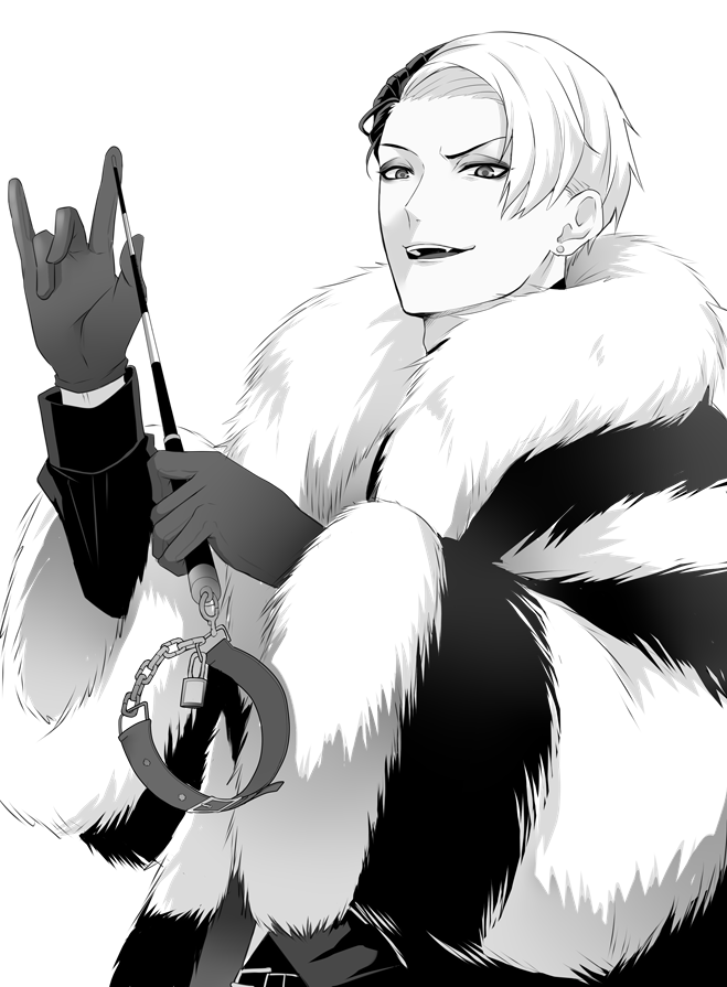 1boy, alternate_hairstyle, ashiya_douman_(fate), asymmetrical_hair, black_gloves, black_hair, commentary_request, earrings