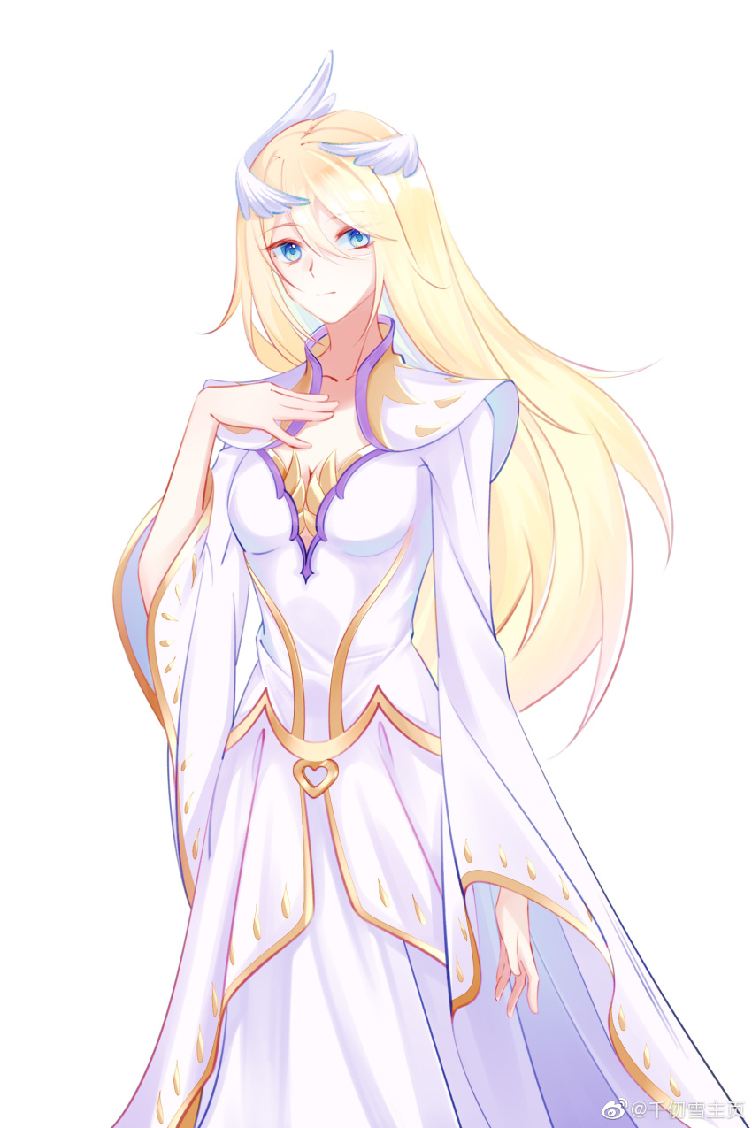 1girl, absurdres, blonde_hair, blue_eyes, douluo_dalu, dress, hair_ornament, hand_on_own_chest