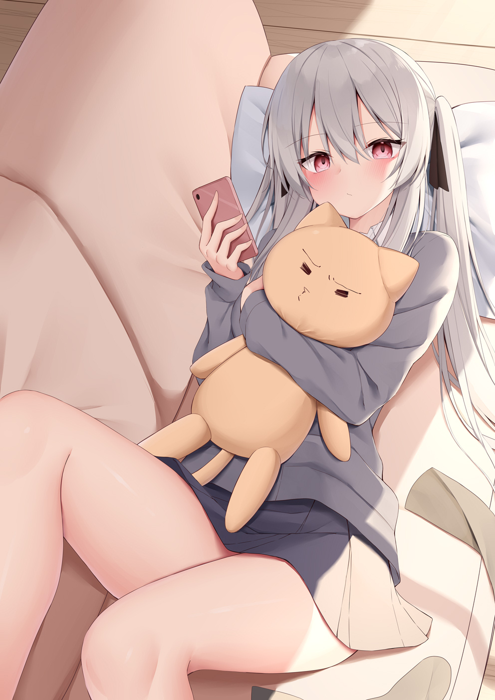 1girl, bangs, cardigan, cellphone, collared_shirt, commentary_request, couch, eyebrows_visible_through_hair