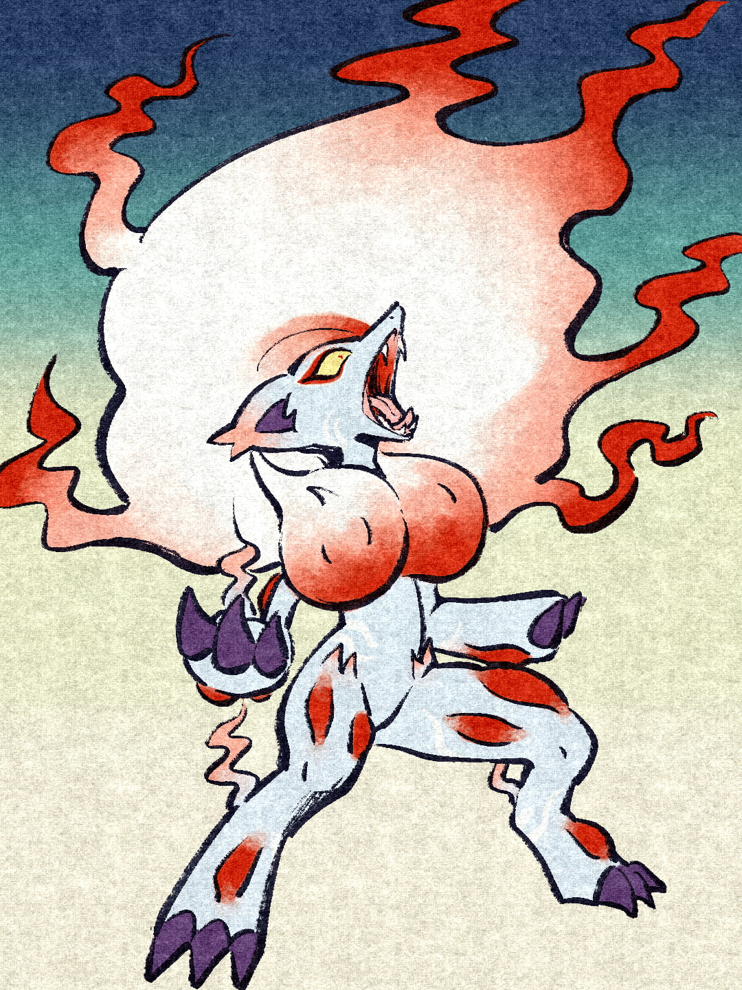 claws, commentary_request, fangs, highres, hisuian_zoroark, legs_apart, looking_up, nishieda_kanoe, open_mouth, pokemon, pokemon_(creature), solo, standing, tongue, yellow_eyes