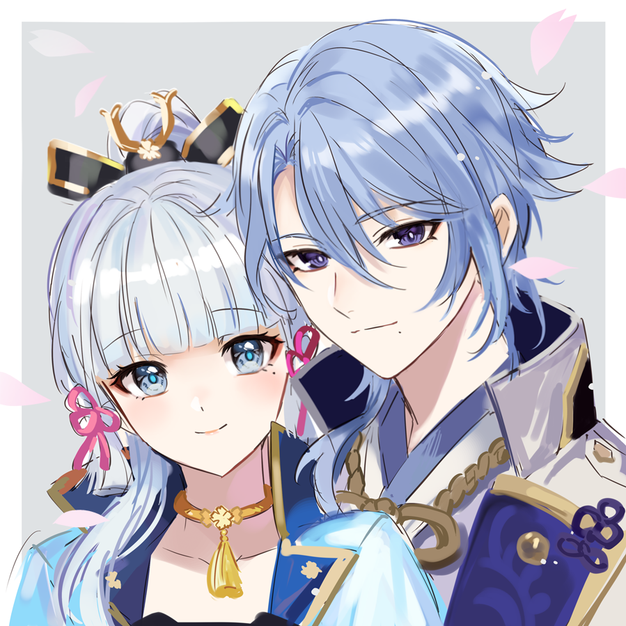 1boy, 1girl, bangs, blue_eyes, blue_hair, blunt_bangs, brother_and_sister, choker