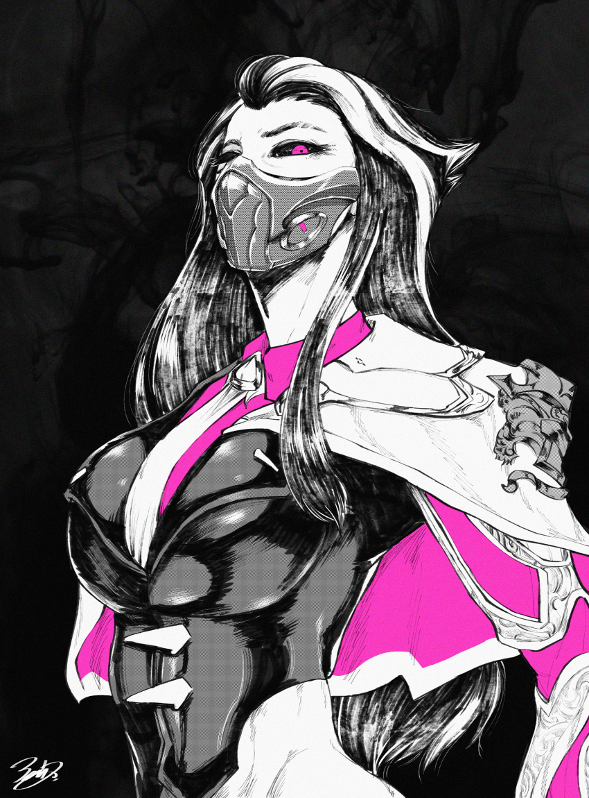 1girl, absurdres, bangs, black_background, black_sclera, breasts, collared_shirt, colored_sclera, highres, large_breasts, league_of_legends, long_hair, long_sleeves, looking_at_viewer, mask, monochrome, mouth_mask, multicolored_hair, necktie, pink_eyes, pink_shirt, renata_(league_of_legends), shirt, signature, solo, spot_color, two-sided_capelet, two-tone_hair, upper_body, yomz_(sayomphu_2010)