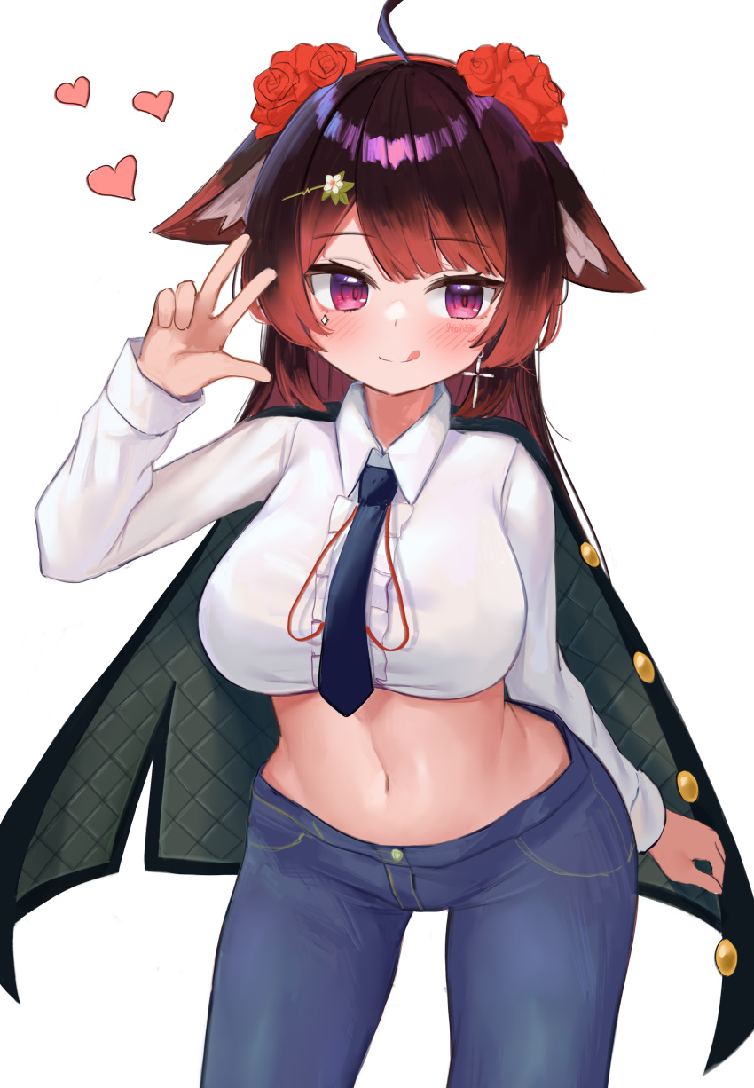 1girl, :q, absurdres, ahoge, blue_pants, breasts, brown_hair, cape