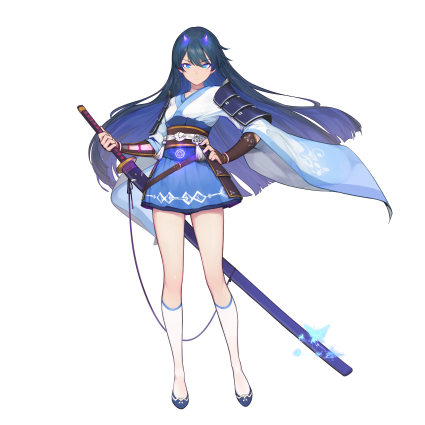 1girl, absurdres, armor, blue_eyes, blue_hair, closed_mouth, floating_hair, gorgeous_mushroom, hand_on_hip, highres, holding, holding_sword, holding_weapon, illusion_connect, japanese_clothes, looking_at_viewer, official_art, saya_(illusion_connect), shoes, shoulder_armor, simple_background, skirt, socks, solo, standing, sword, third-party_source, transparent_background, weapon, wide_sleeves