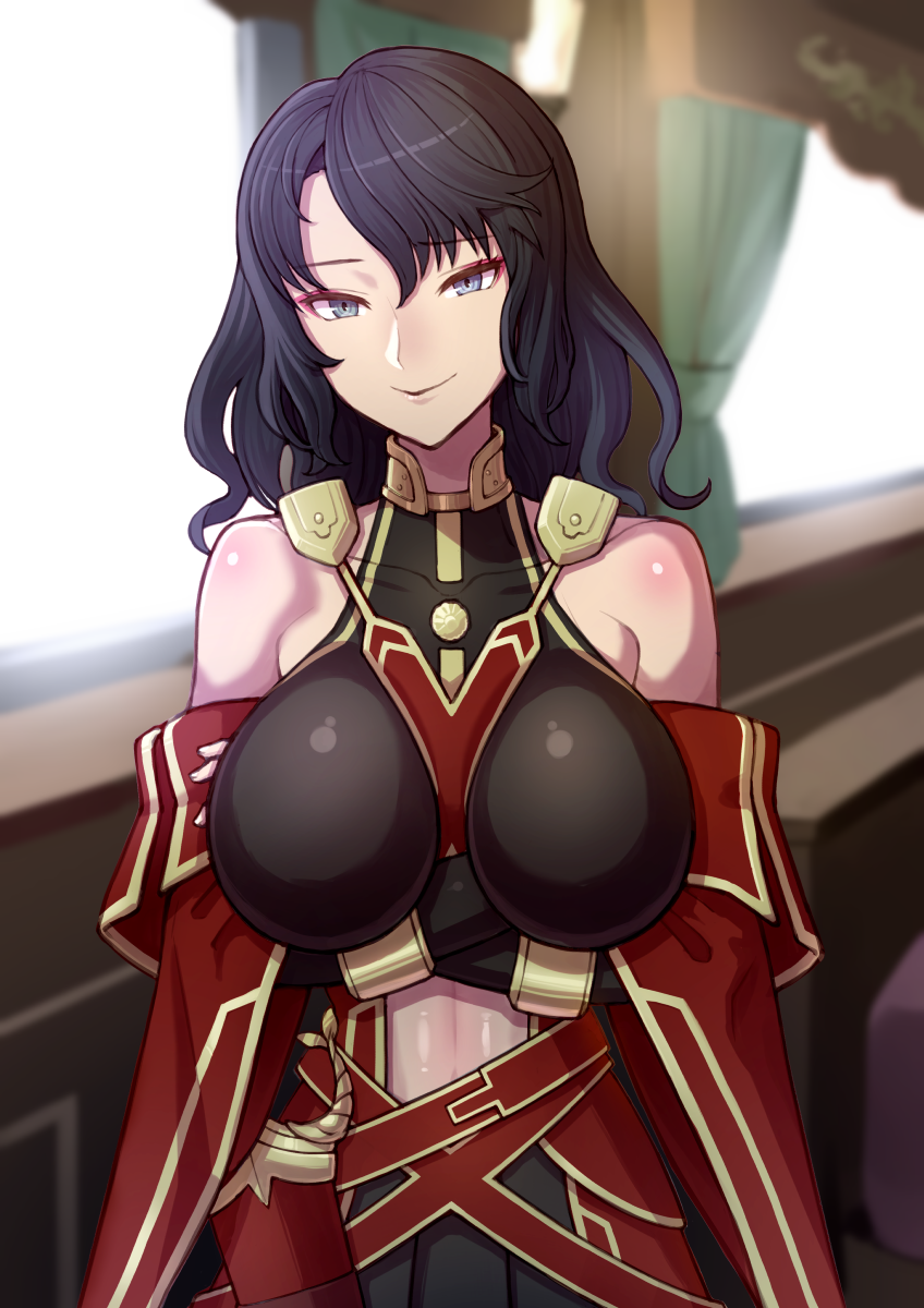 1girl, bangs, bare_shoulders, belt, black_gloves, black_hair, black_skirt, blue_eyes, bracelet, braid, braided_ponytail, breasts, collar, crossed_arms, detached_sleeves, dress, elbow_gloves, faker_(lord_el-melloi_ii_case_files), fate/grand_order, fate_(series), gloves, highres, jewelry, large_breasts, long_hair, looking_at_viewer, lord_el-melloi_ii_case_files, metal_collar, navel, red_dress, sheath, shichitsufuji, skirt, smile, solo, wide_sleeves