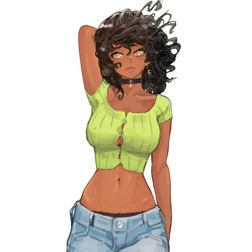 1girl, arm_behind_head, bangs, black_choker, black_panties, breasts, choker, collarbone