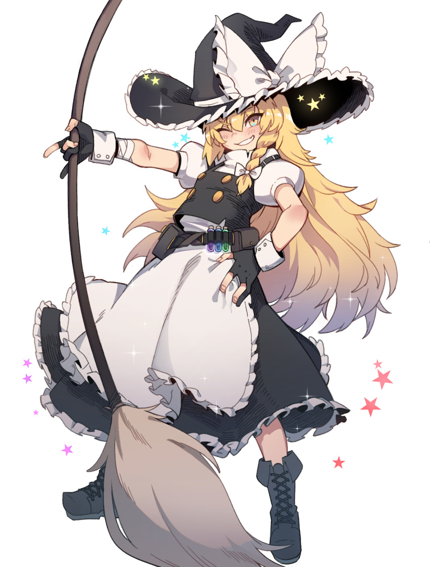 1girl, \m/, apron, bandages, bangs, belt, belt_pouch, black_footwear