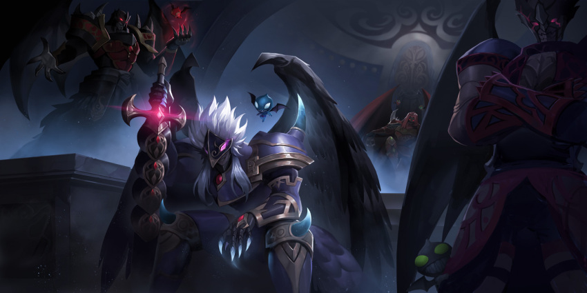 armor, bat_wings, black_wings, crossed_arms, duel_monster, fabled_andwraith, fabled_leviathan, fabled_ragin, fabled_valkyrus, feathered_wings, full_armor, glint, glowing, glowing_eyes, grin, holding, holding_sword, holding_weapon, long_hair, pauldrons, shoulder_armor, sihai_(wsskdywe), sitting, smile, sword, throne, throne_room, weapon, wings, yu-gi-oh!