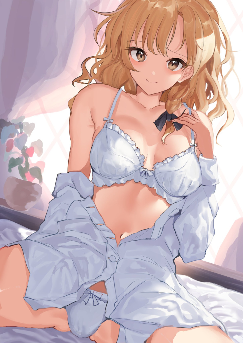 1girl, bangs, blonde_hair, blush, bow, bow_bra, bow_panties, bra