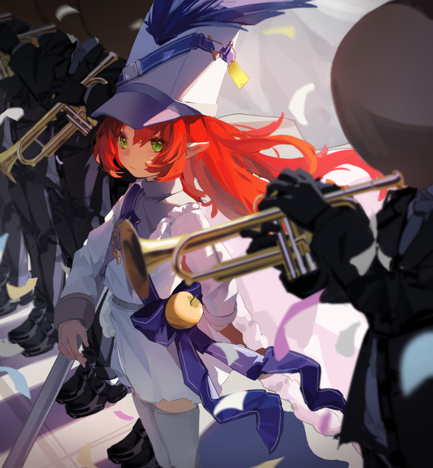 1girl, 5others, absurdres, apple, arknights, bangs, blue_bow, bow