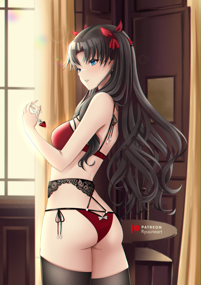 1girl, absurdres, aqua_eyes, artist_name, ass, black_garter_belt, black_hair, black_legwear