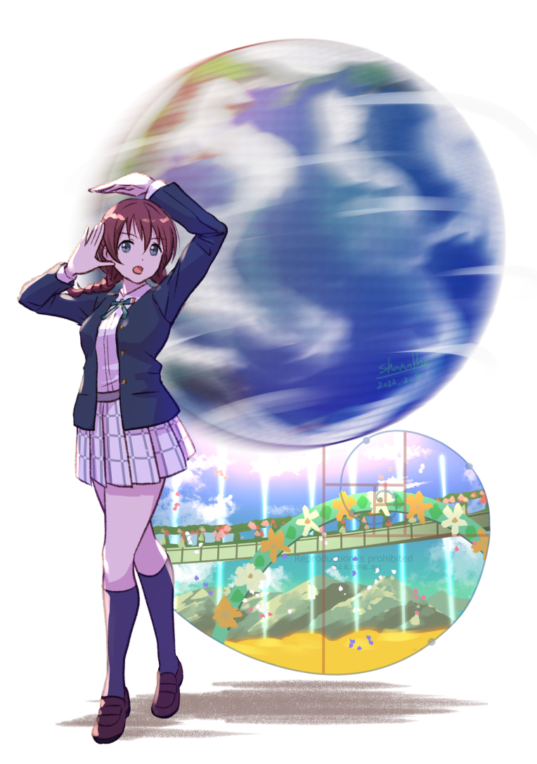 1girl, black_jacket, blazer, brown_hair, emma_verde, full_body, globe, green_eyes, jacket, jojo_no_kimyou_na_bouken, jojo_pose, la_bella_patria_(love_live!), loafers, looking_at_viewer, love_live!, love_live!_nijigasaki_high_school_idol_club, nijigasaki_academy_uniform, pose, shamakho, shoes, stand_(jojo)