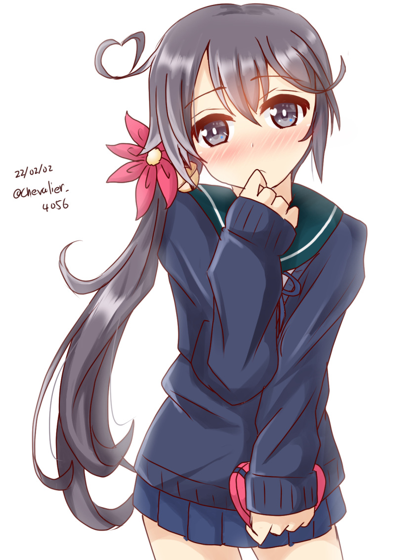 1girl, ahoge, akebono_(kancolle), bell, blue_sailor_collar, blue_skirt, blue_sweater, box
